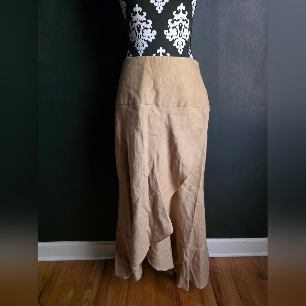 Bandolino Y2K Tan Linen Blend Asymmetrical Tiered Ruffle Midi Skirt Sz 6 - Picture 2 of 8